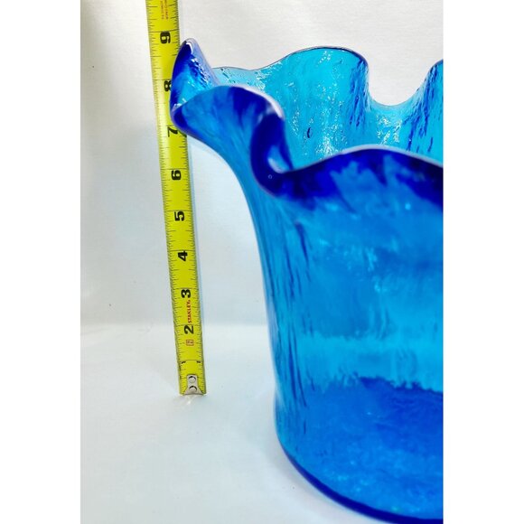 Murero Italian Recycled Glass handkerchief vase/bowl in deep aqua, Empoli Italy - Picture 5 of 7